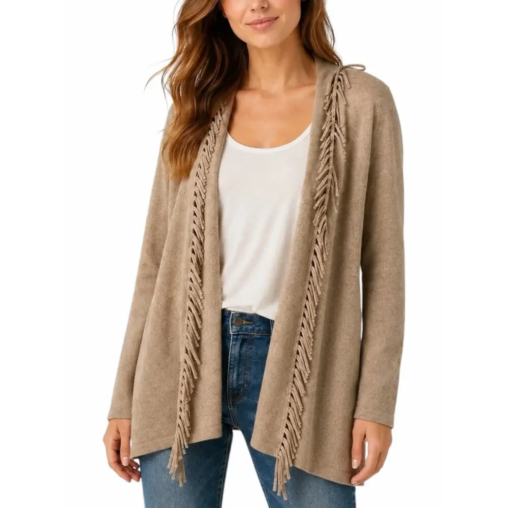 Magaschoni 100% Cashmere Fringe Trim Open Front Cardigan Brown Size XS